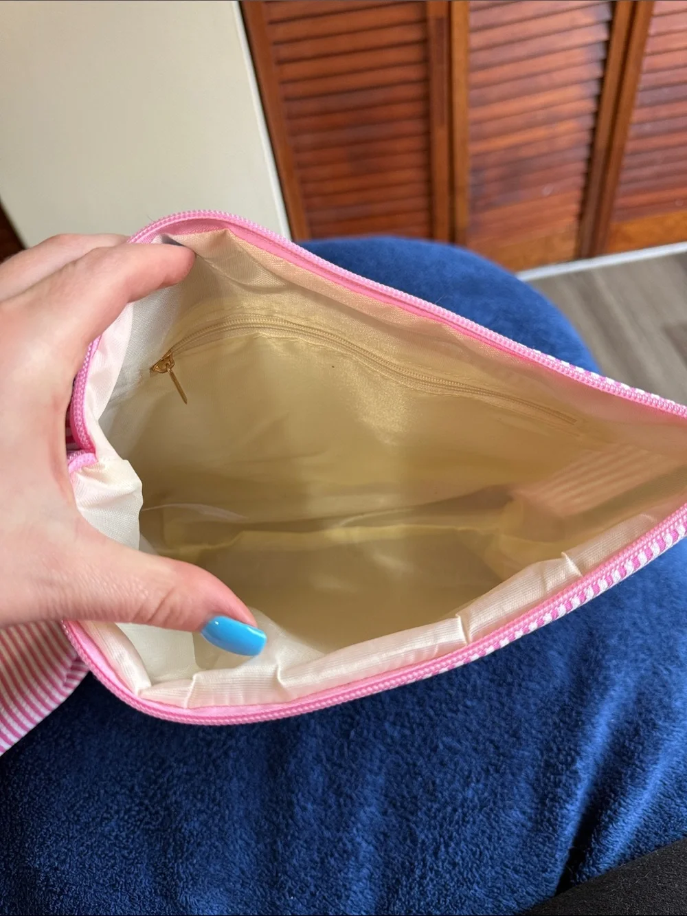 Pink and White Striped Cosmetic Pouch Duo with Gold 'T' Accent